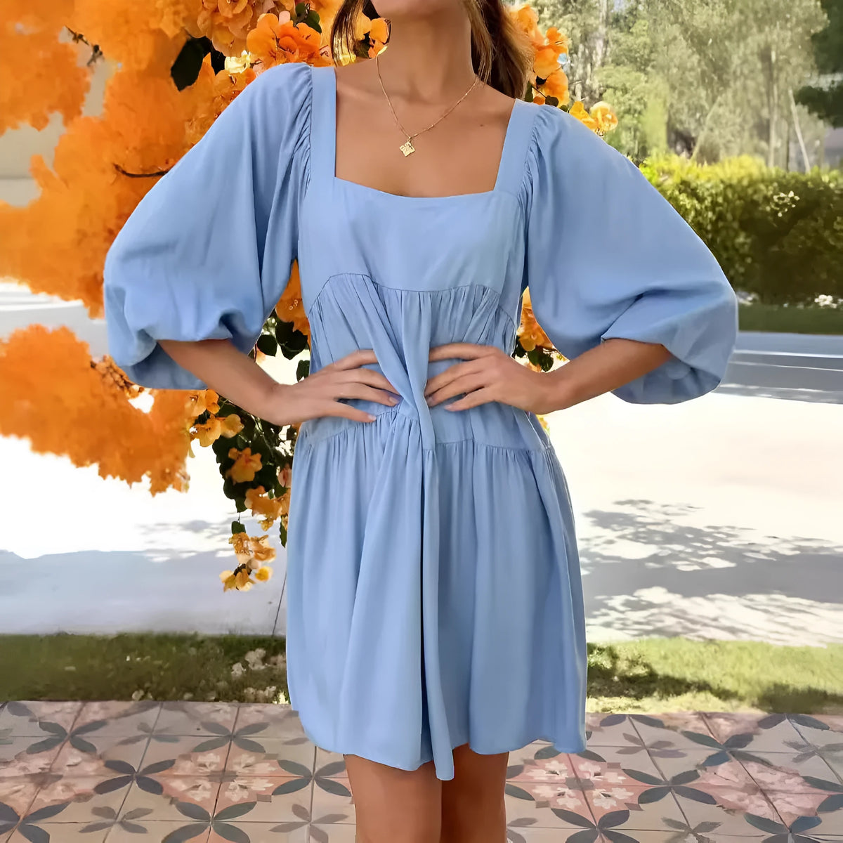 Children pullover square collar puff sleeve backless A-line dress in solid colour, artistic retro style