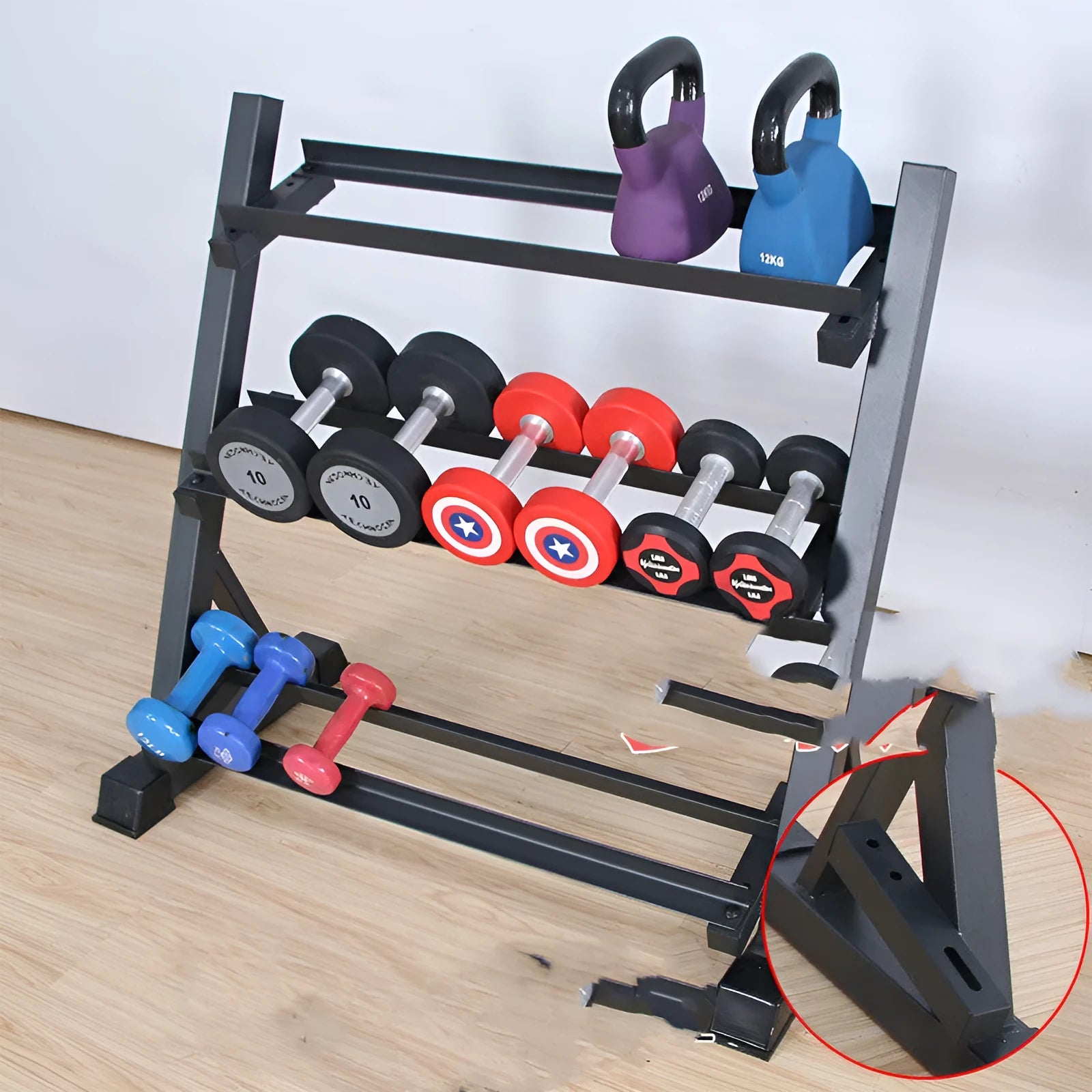 Three-layer black dumbbell rack with square tube and angle iron frame, 99x54x95cm