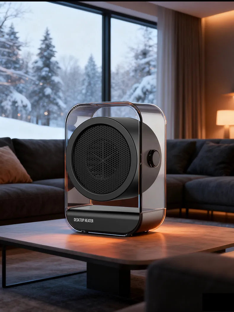 Beige desktop heater with two fan speed buttons and front grille, 196x266mm, 500W