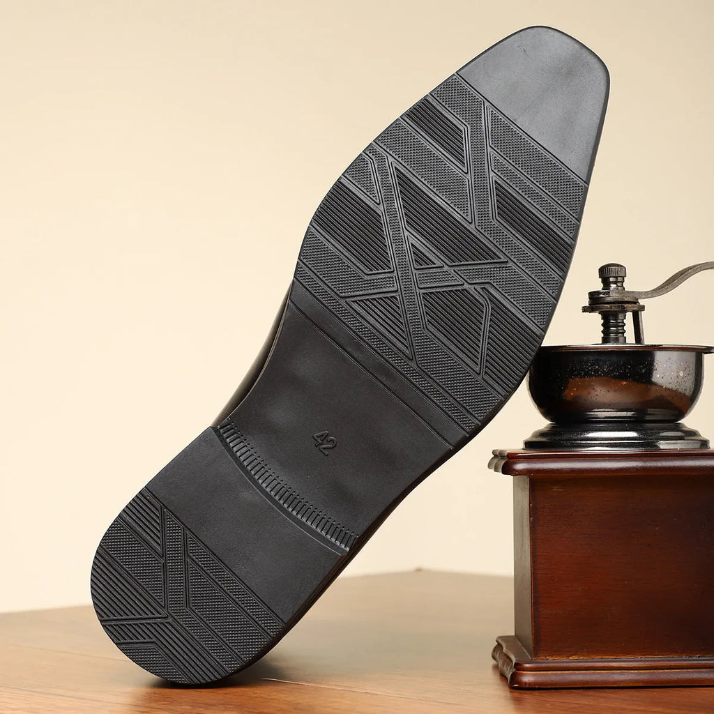 Men's brown retro formal business shoe with side zip, square toe, and low square heel on a rubber sole.