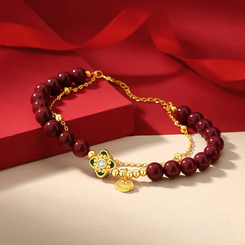 Sterling silver women's bracelet with Ruyi Xiangyun cinnabar flower design in geometric shape