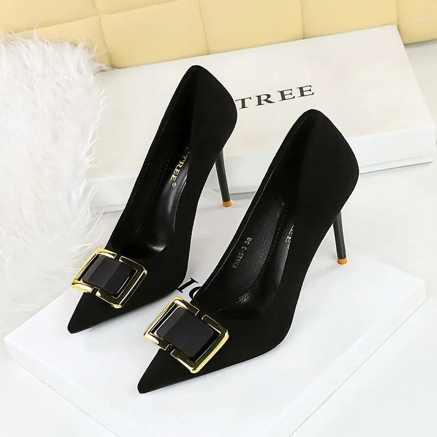 Black suede women's stiletto high heels with a 9cm heel and pointed toe.