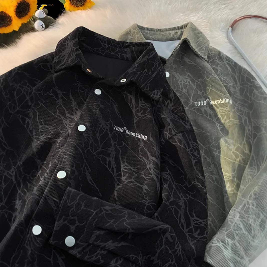Men's embroidered retro corduroy shirt in black, loose fit cardigan style with long sleeves