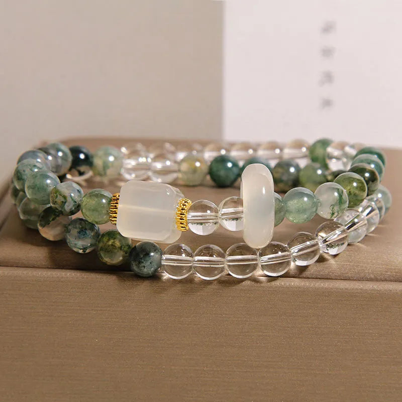 Double circle green grass agate and white agate crystal bracelet with cube sugar cut beads on flexible ring