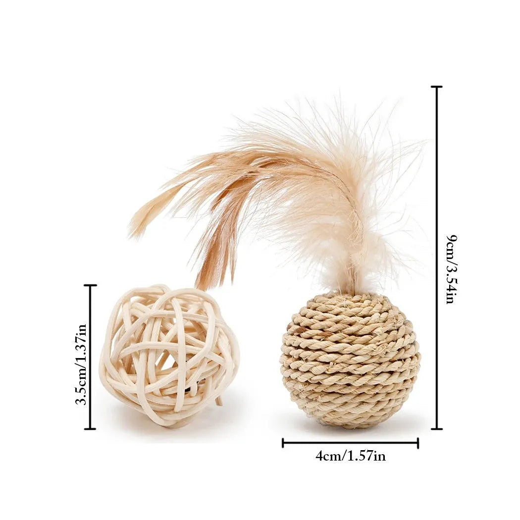 Two cat toys: natural rattan ball with bell and colourful faux feather ball for interactive pet play