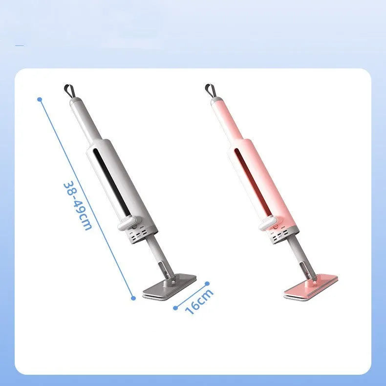 Rotatable self-squeeze mini flat mop with crevice brush and pink microfiber pad, shown extended to 19.3 inches.