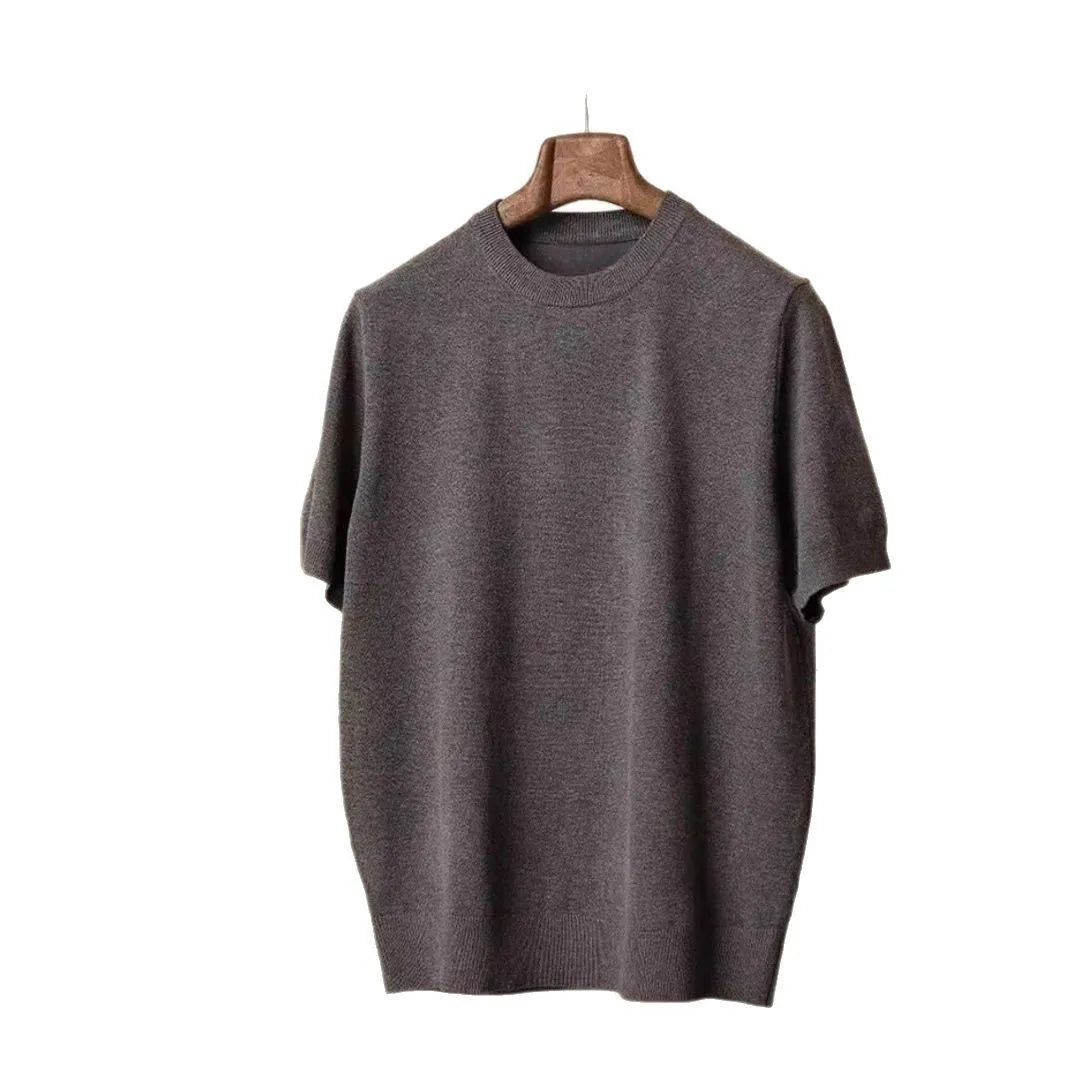 Round neck short sleeve knitted T-shirt in Tencel viscose blend available in black dark gray and white sizes XS to XXL