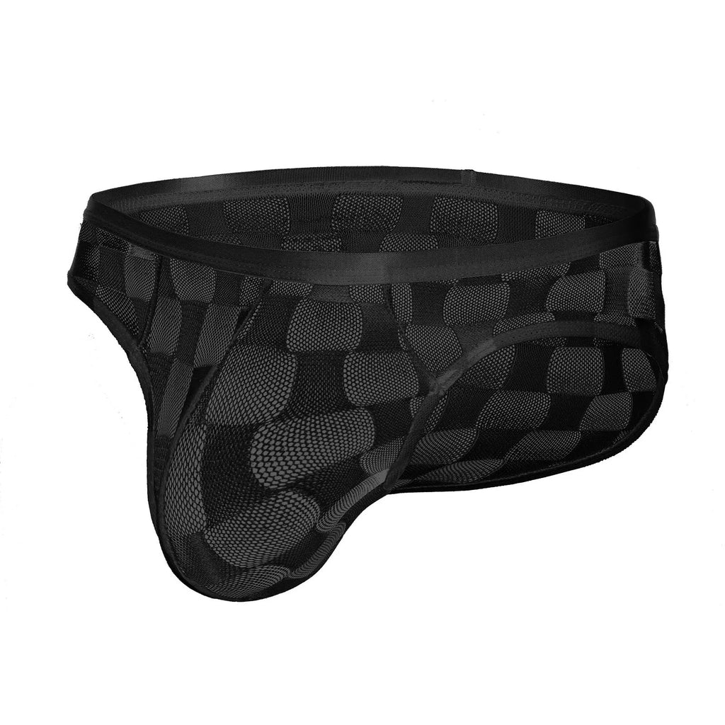 Men's black mesh briefs with plaid pattern showing U-convex construction and lace fabric detail