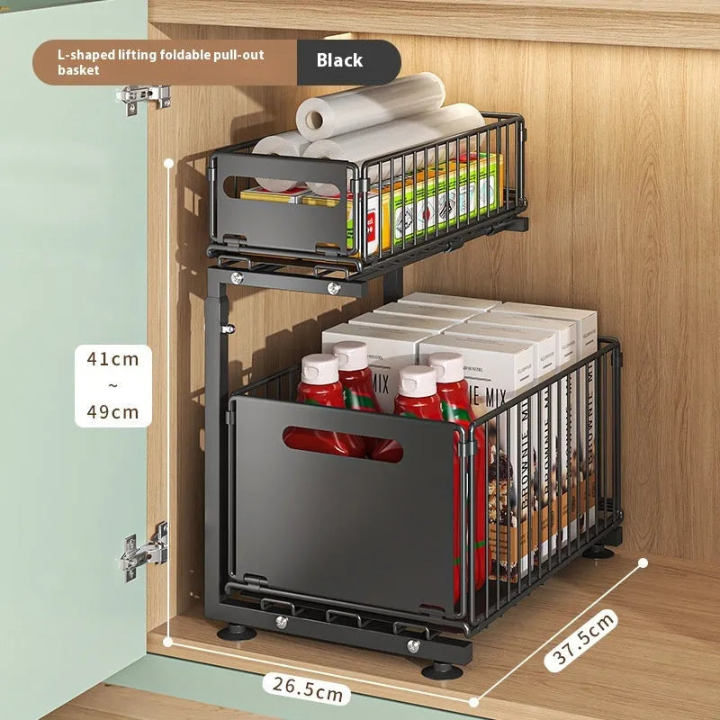 Punch-free folding cabinet basket in carbon steel pull out style black for snack storage
