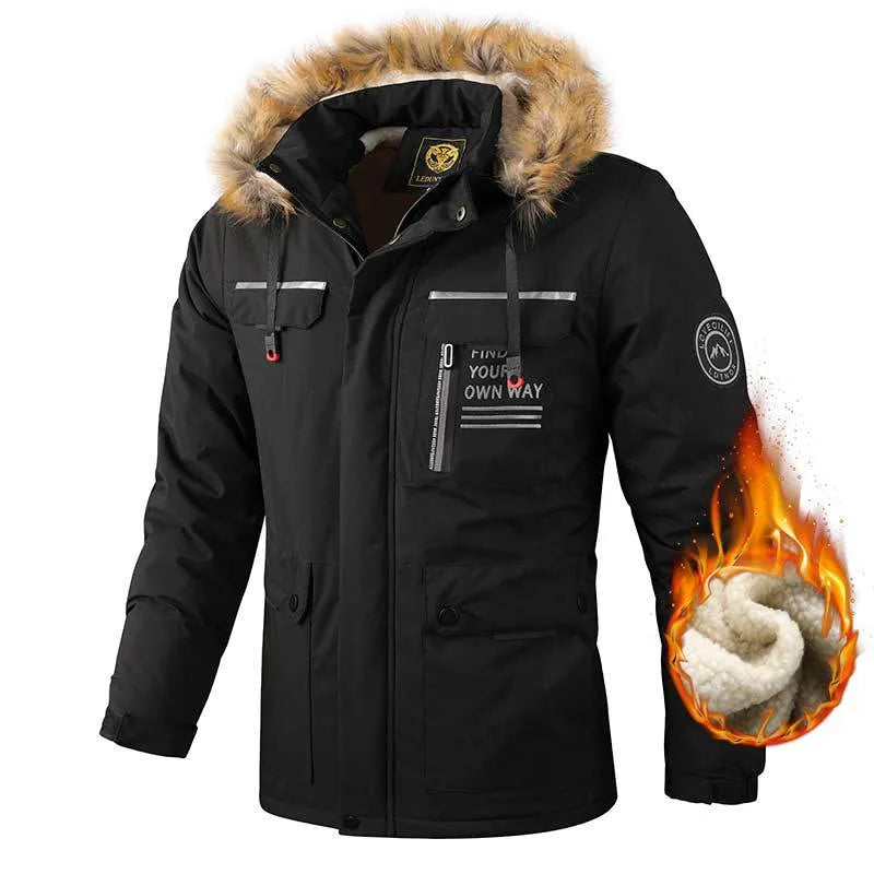 Men's casual hooded windproof parka in Army Green with fur collar, British style, multiple pockets