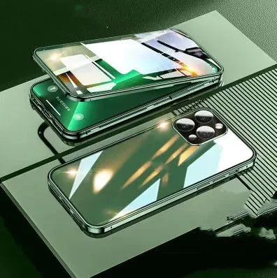Double-sided magnetic glass phone case for iPhone 11 Pro Max in Graphite Black with aluminium frame and explosion-proof glass protection