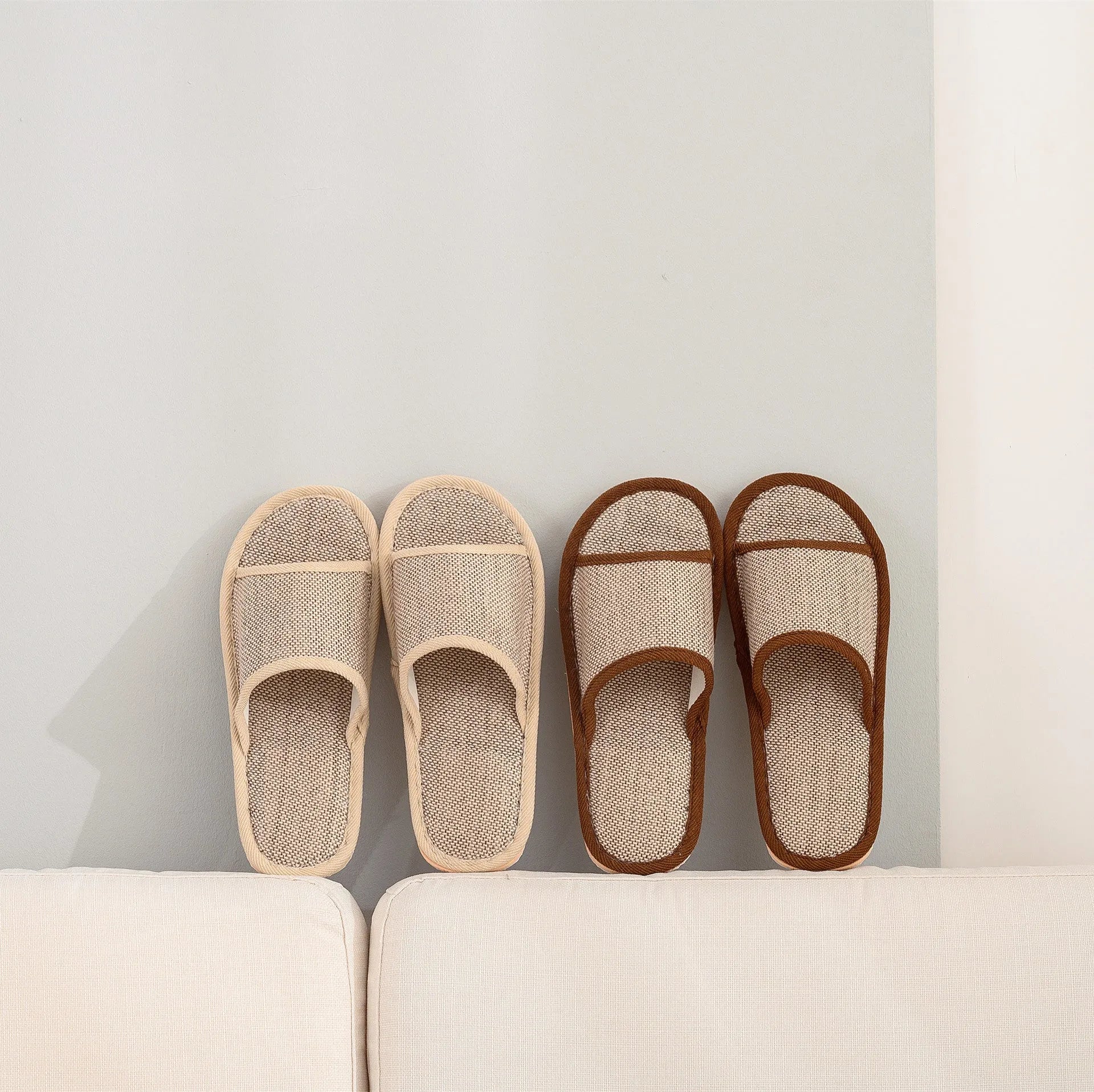 Women's open-toe cotton linen slippers in various colours with thickened soles