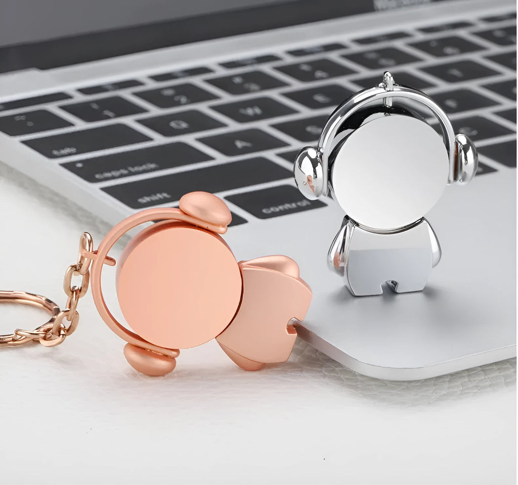 Personalised metal USB flash drive with musician cartoon design in silver or rose gold colour