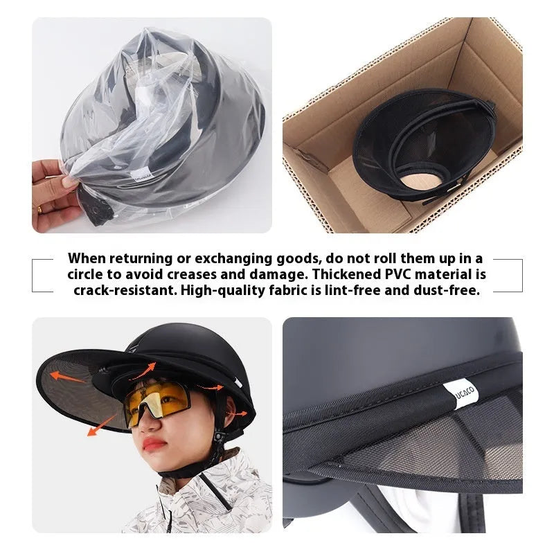 Outdoor riding helmet in black PVC with built-in sun visor, side view, sizes M and L