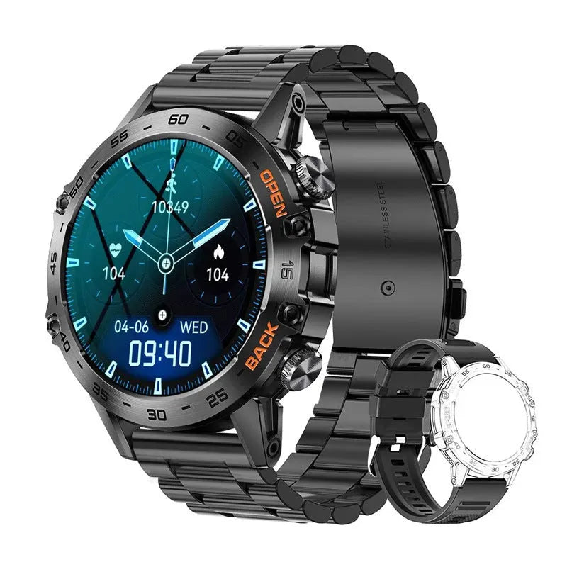 Bluetooth calling smart watch with IPS touch screen on wrist, showing health metrics display