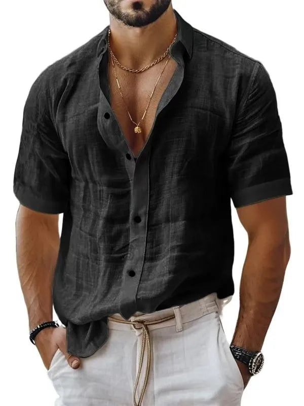 Men's short sleeve lapel shirt in solid colour with cardigan style design