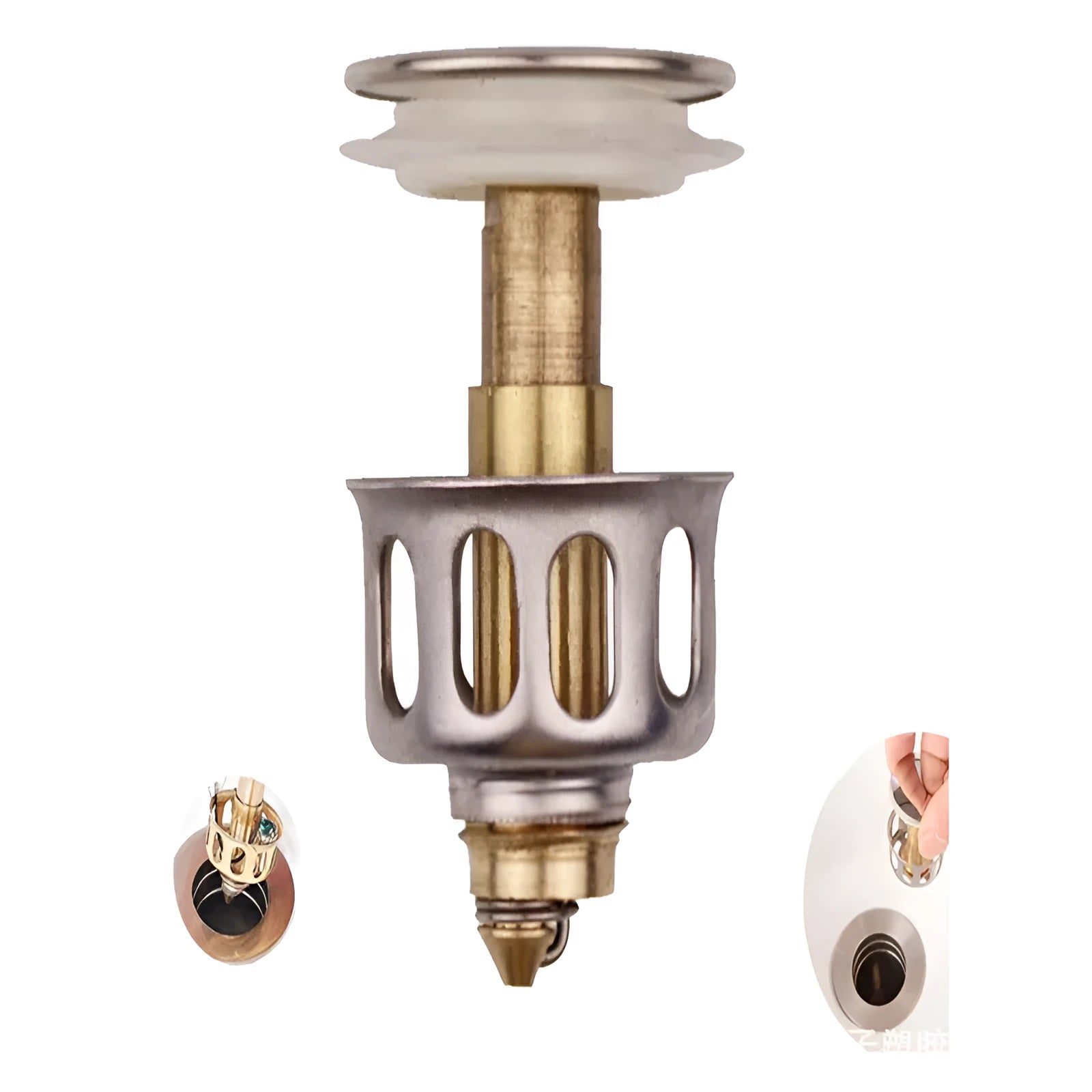 White copper manual press bounce filter element for a single-hole kitchen water tap.
