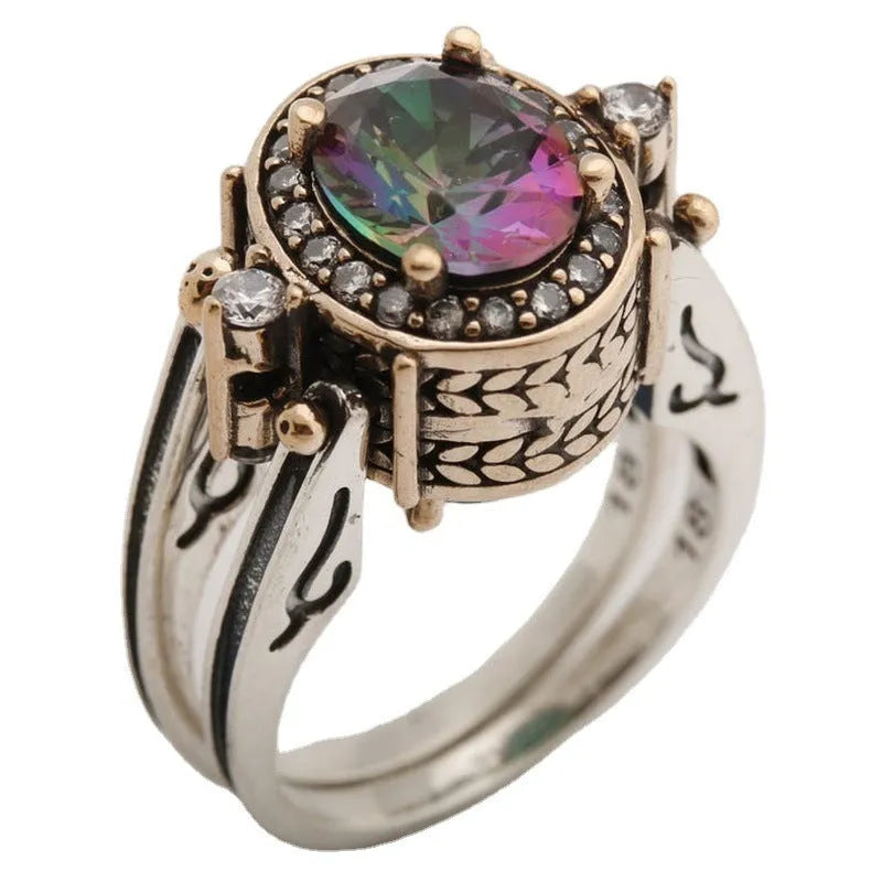 925 Silver Bi-color geometric alloy ring in white finish on white background