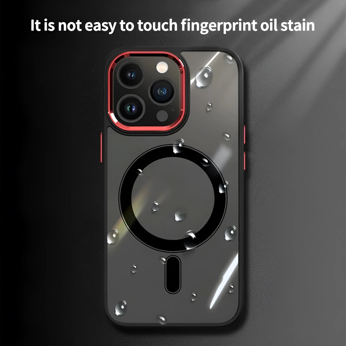 Magnetic suction acrylic phone case with metal lens frame for iPhone 15, black edge and red frame, front and back view