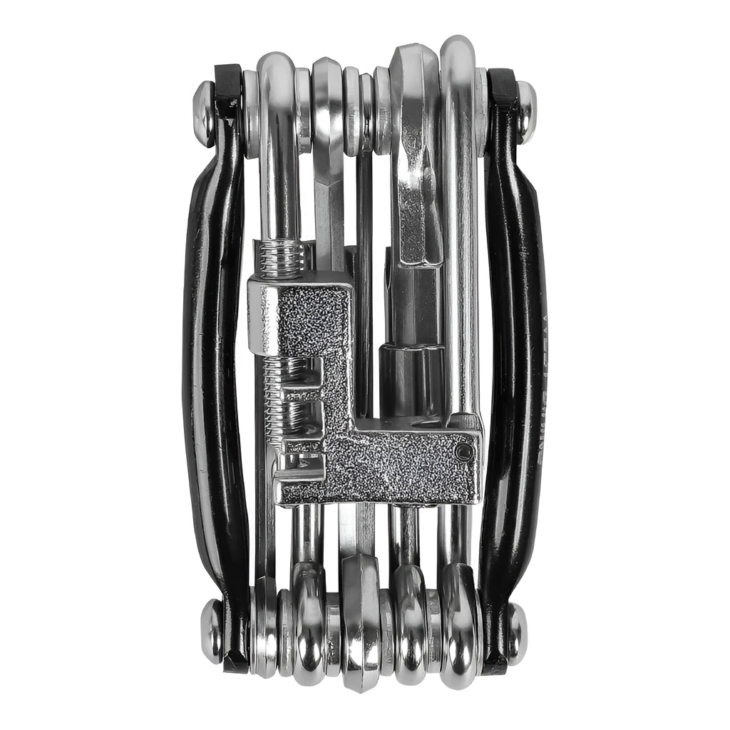 Black aluminium alloy combination tool set with chain breaker in compact storage bag for bicycle maintenance