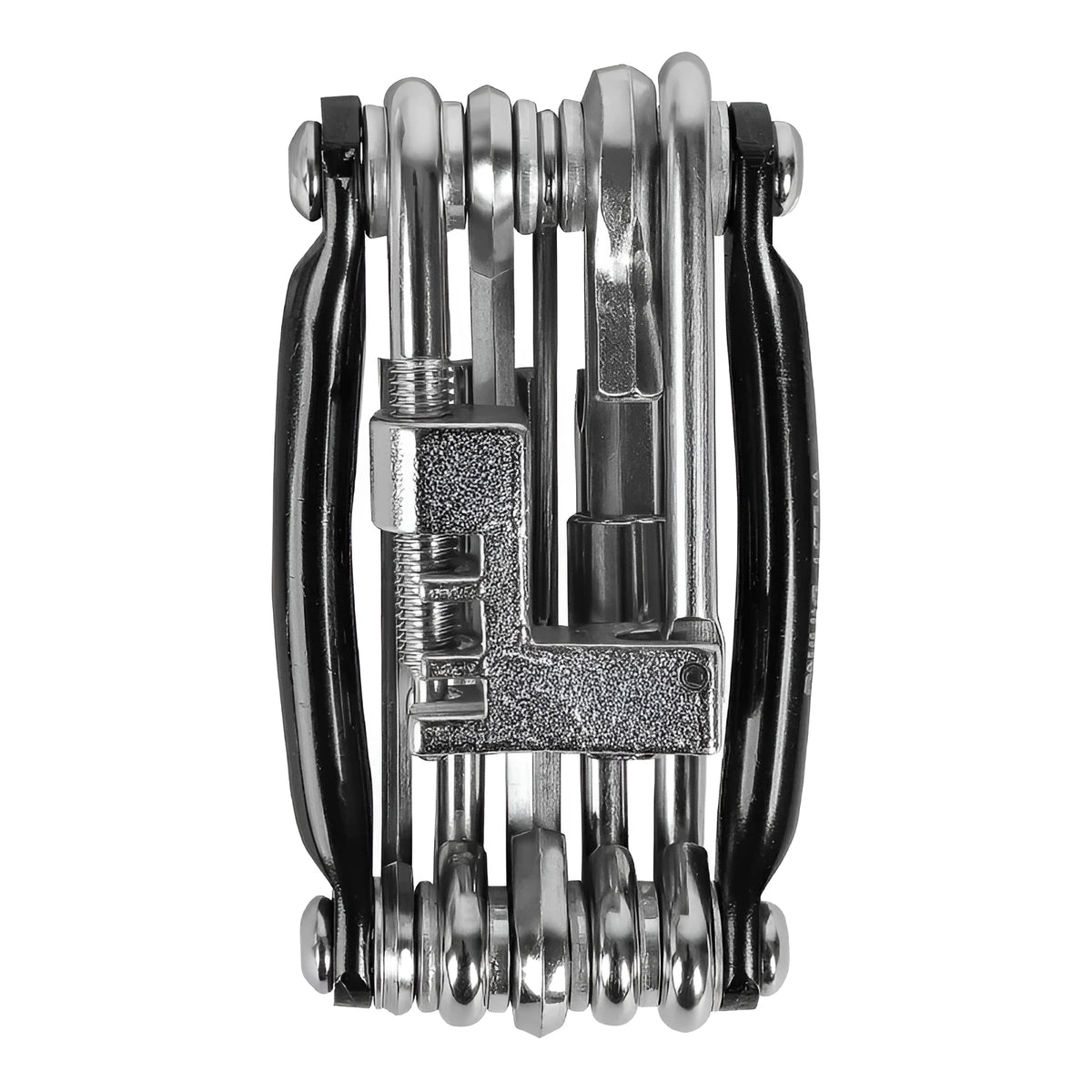 Black aluminium alloy combination tool set with chain breaker in compact storage bag for bicycle maintenance