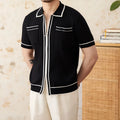 Slim elastic lapel polo shirt in black and white colour options showing front and detail views