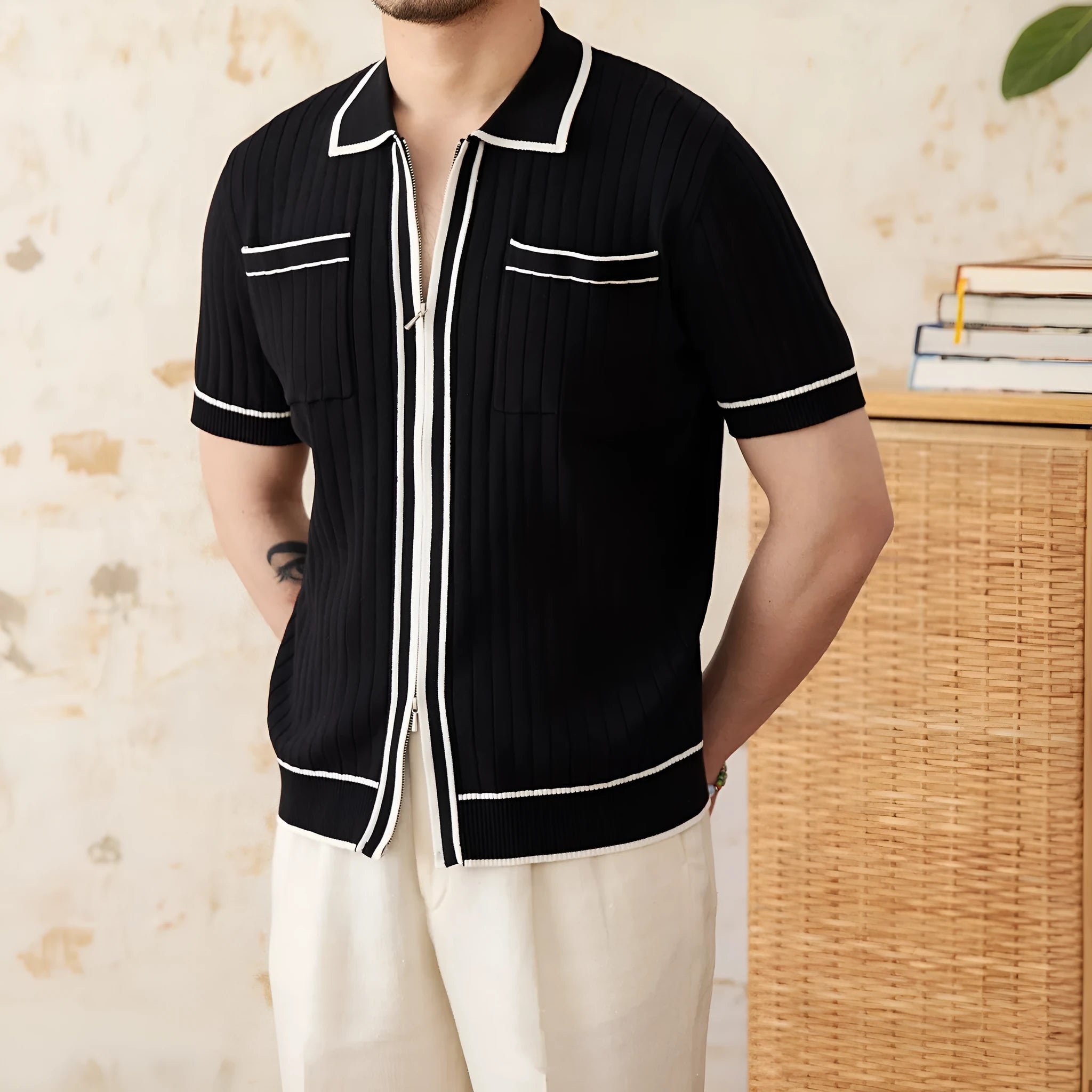 Slim elastic lapel polo shirt in black and white colour options showing front and detail views