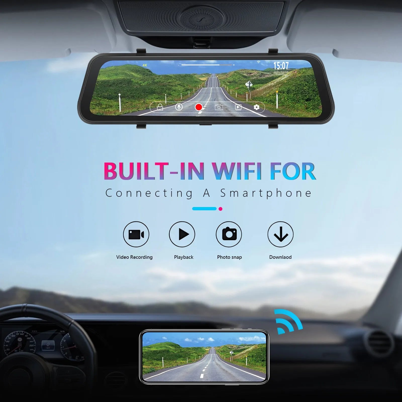 9.66-inch streaming media rearview mirror dash cam with touch screen and dual camera recording system