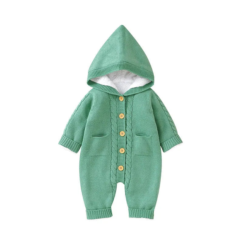 Baby winter thickened knitting jumpsuit romper in long climbing style, pink colour, sized for 62-86cm height