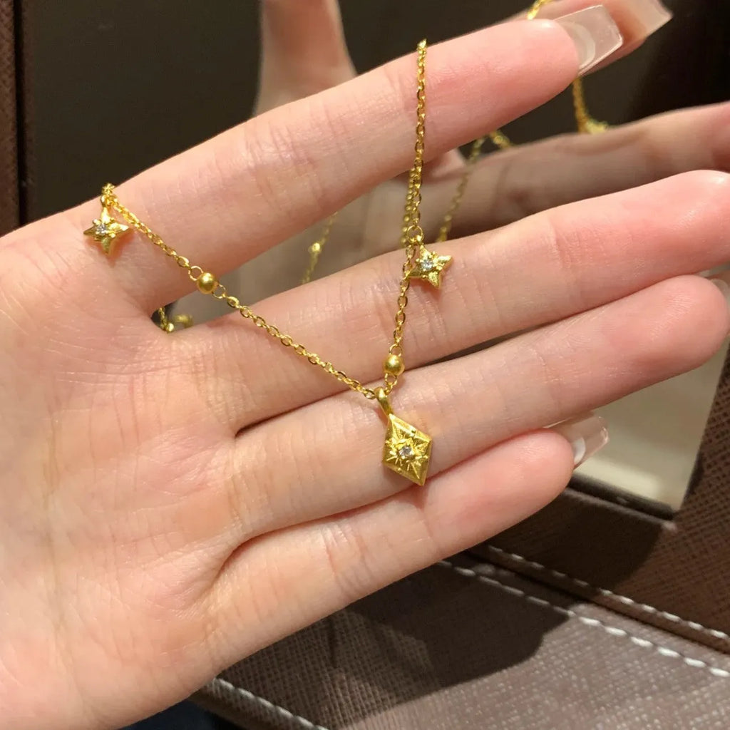 Eight awn star round beads copper necklace on woman with O-ring chain, diamond shape pendant, electroplated finish, adjustable 41-50cm