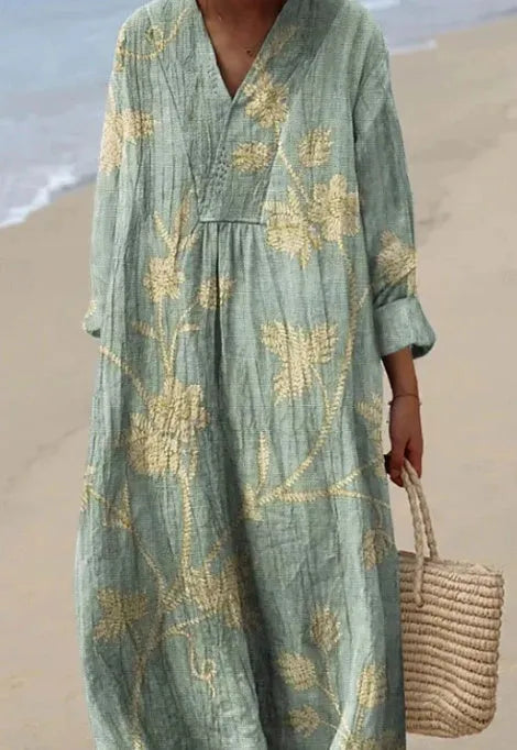 Floral 3D printed casual shirt dress in princess style with long skirt