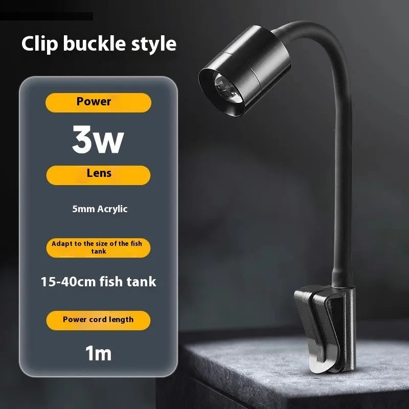 Mini LED aquarium light with adjustable clip mounting on small fish tank