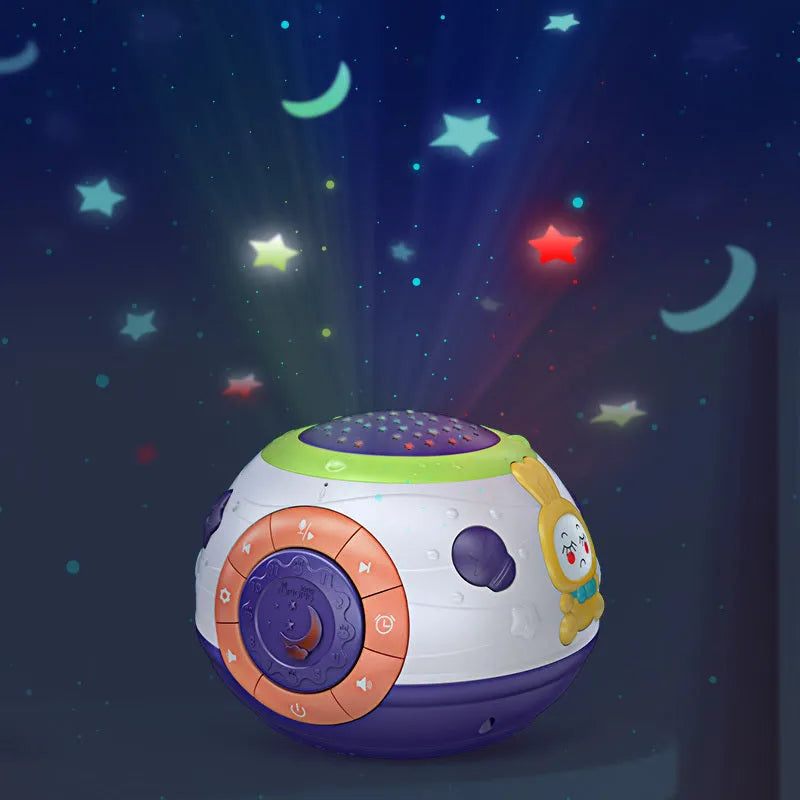 White cube-shaped children's night light projector showing starry sky projection with control button on top