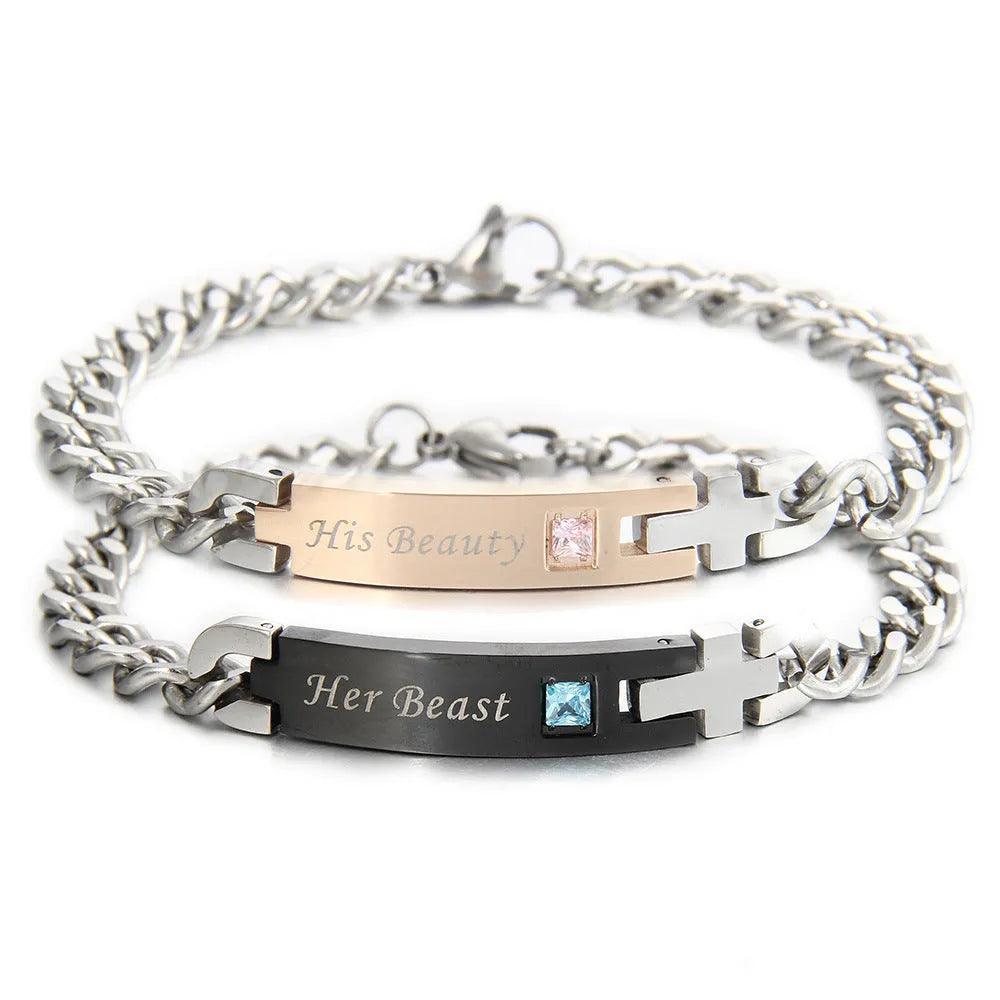 Gold and black couple bracelets in stainless steel with geometric design and adjustable chain lengths