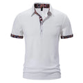 Men's polo shirt with colour contrast stitching and turnover collar in white, black, or navy blue