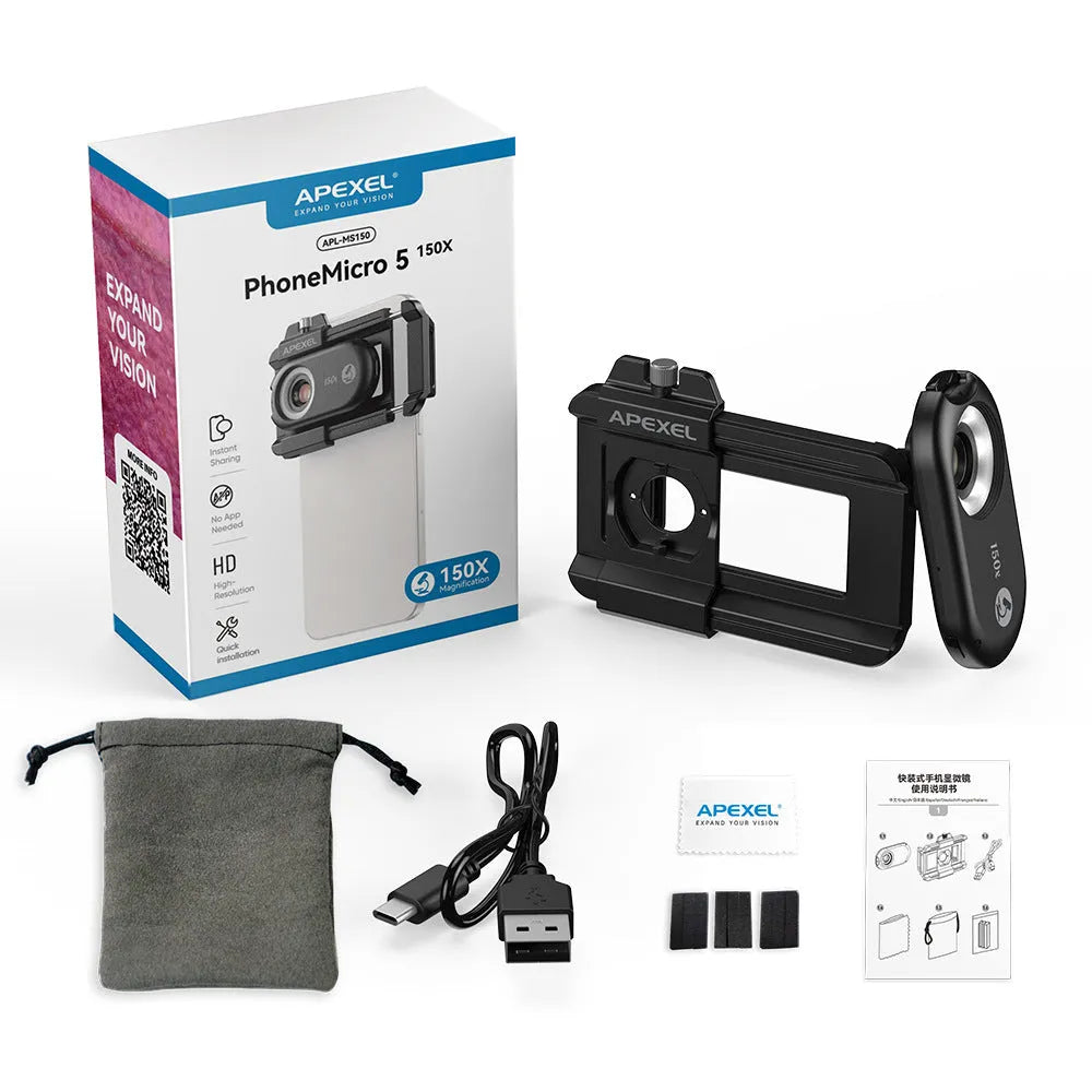 Portable mobile phone microscope with purple LED light and quick-assembly tension clamp on a textile fabric