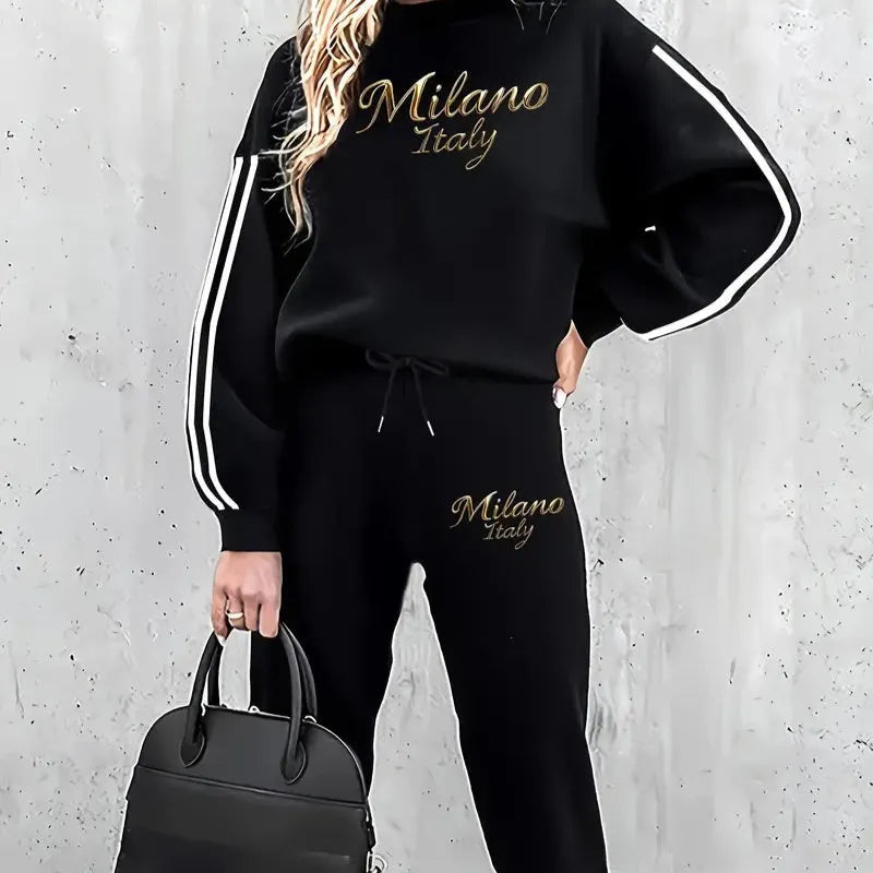 Women's casual suit with black round-neck top and matching polyester trousers, long sleeves, contrast-colour detailing