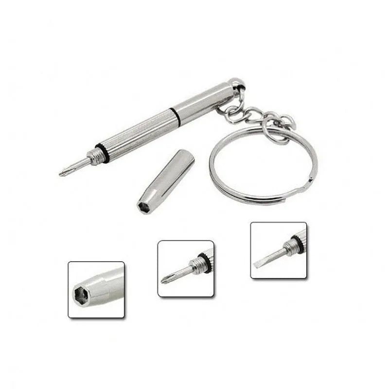Stainless steel three-purpose screwdriver tool for glasses repair on a clean surface