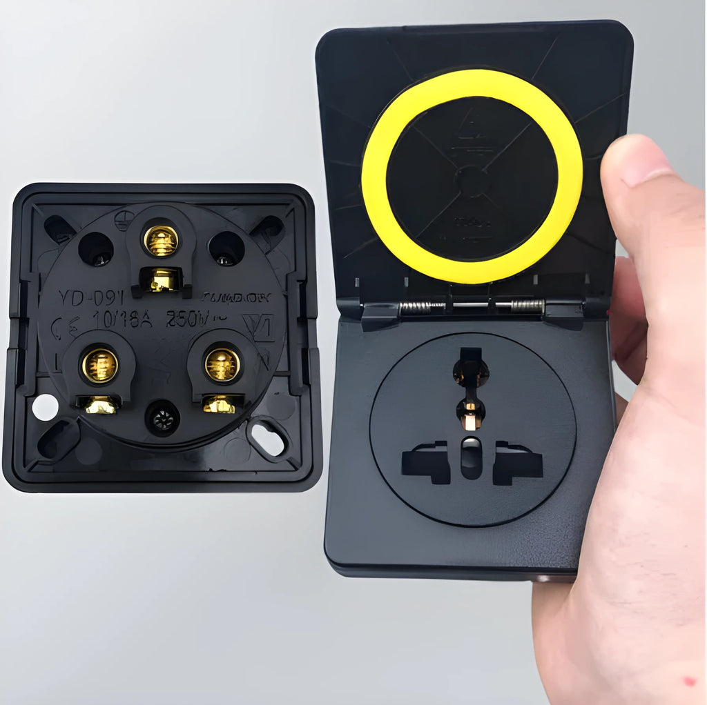 Waterproof electromechanical socket for RV industry rated 2500W 10A in black colour with tripod connector