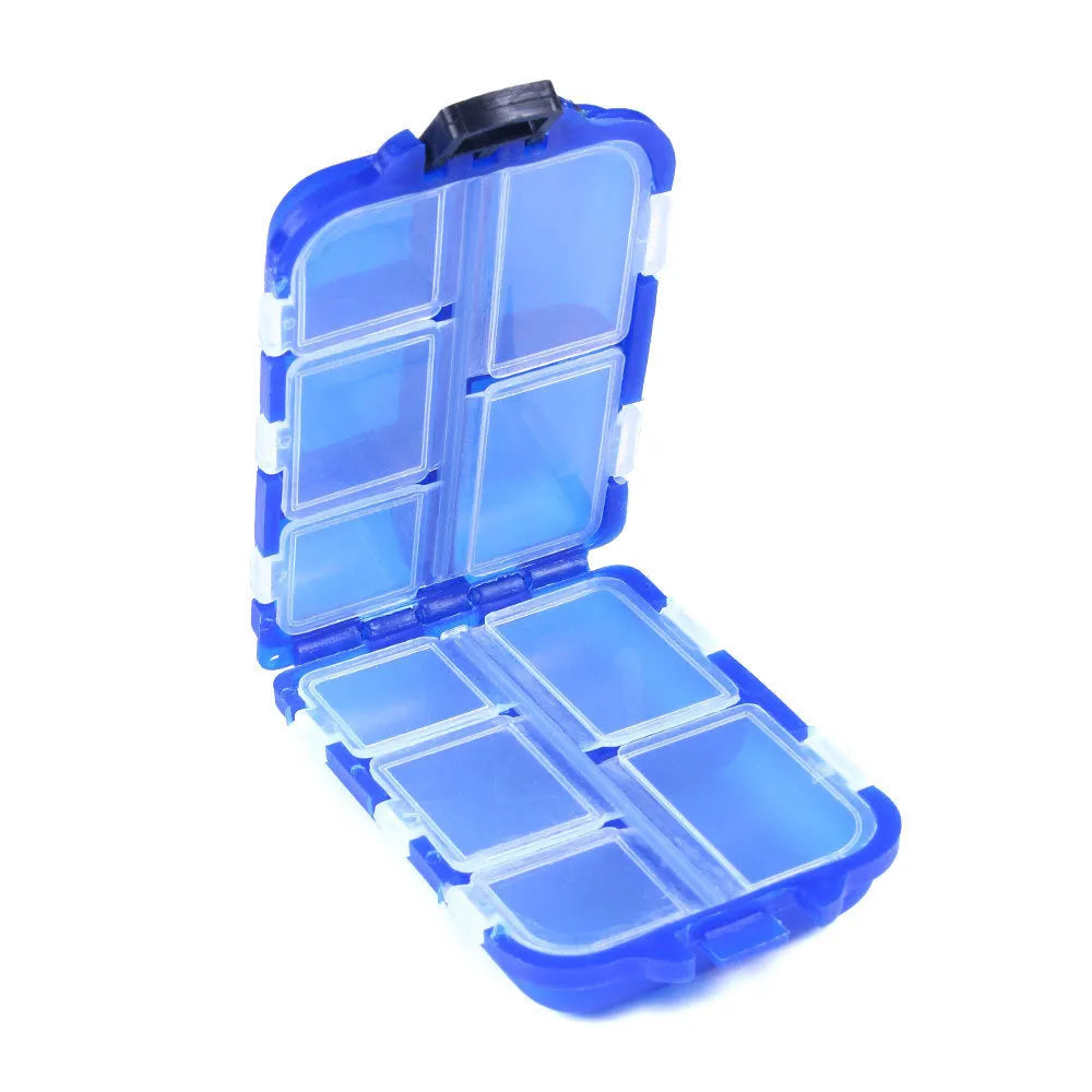 Small plastic fishing tackle storage box with 10 compartments in black, green or blue