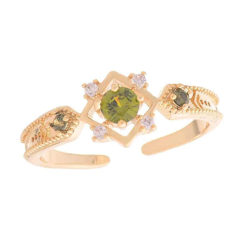 French style geometric open mouth ring with copper band and zircon stones in olive green or purple options