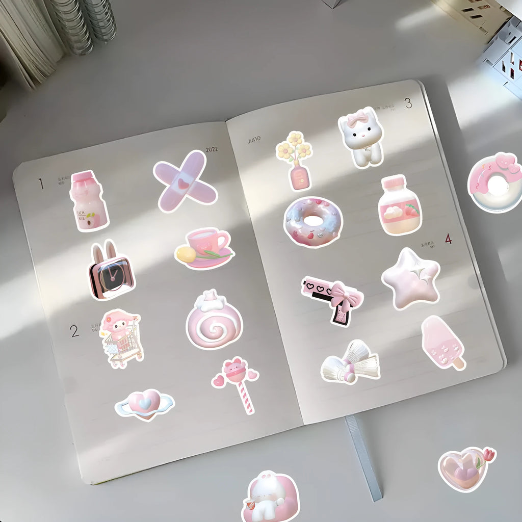 Sheet of 63 pink girl heart decorative stickers with 3D effect in cute style