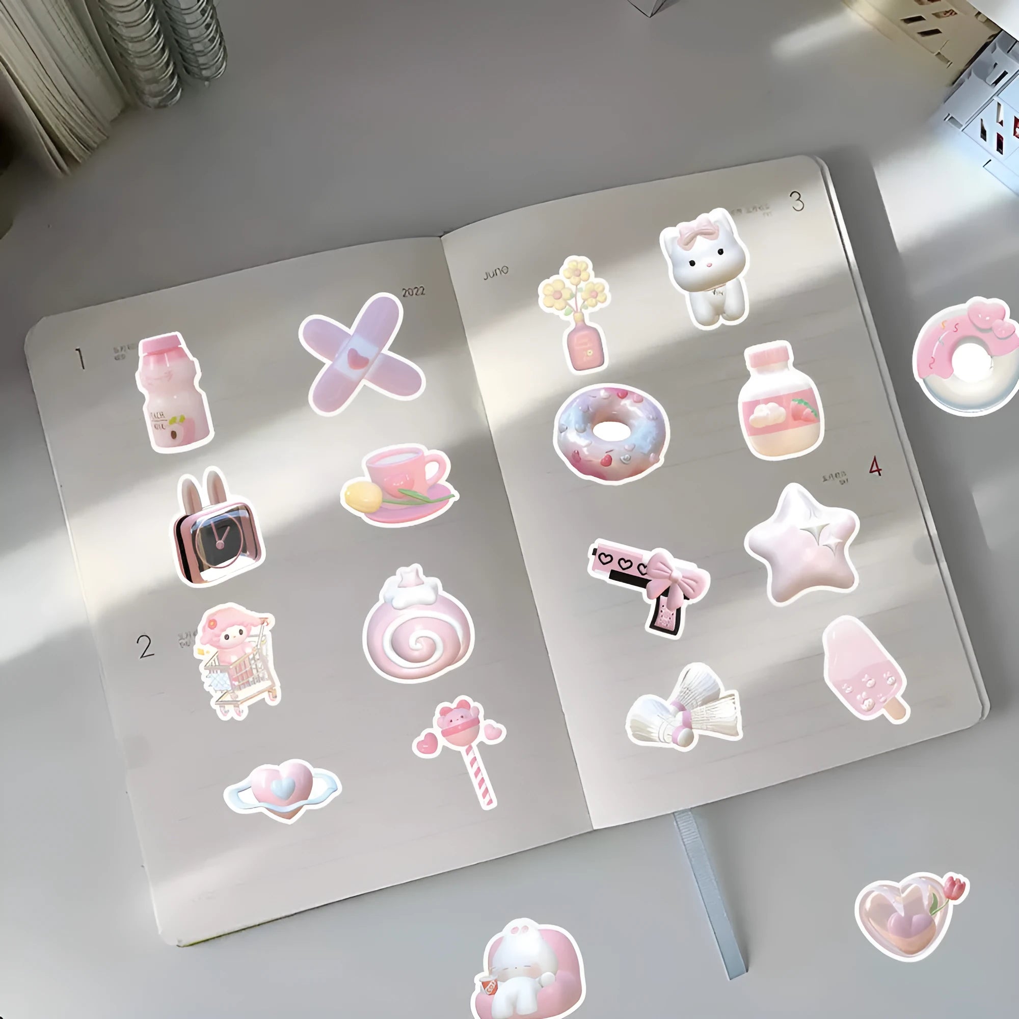 Sheet of 63 pink girl heart decorative stickers with 3D effect in cute style