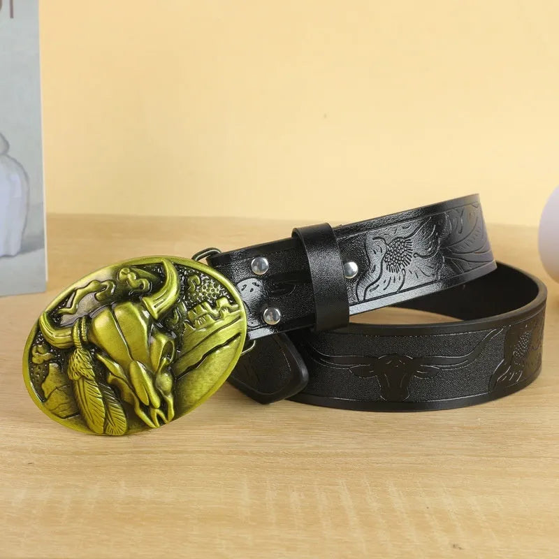 Men's belt with detailed cow head alloy buckle on imitation leather strap with pin buckle fastening