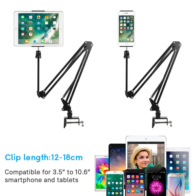 Black lazy mobile phone holder made of carbon steel and aluminium alloy placed on a bedside table.