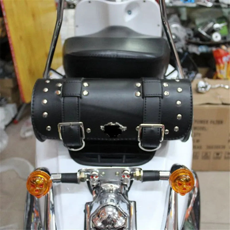 Black PU leather motorcycle bag with tie ropes, size 310x135x135mm, for electric vehicle modification storage