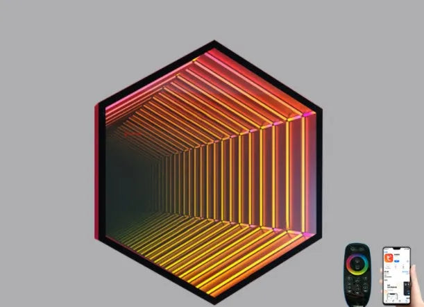 Modern creative octagon wall lamp with colourful mirror glass shade and Bluetooth smart control in 30cm size
