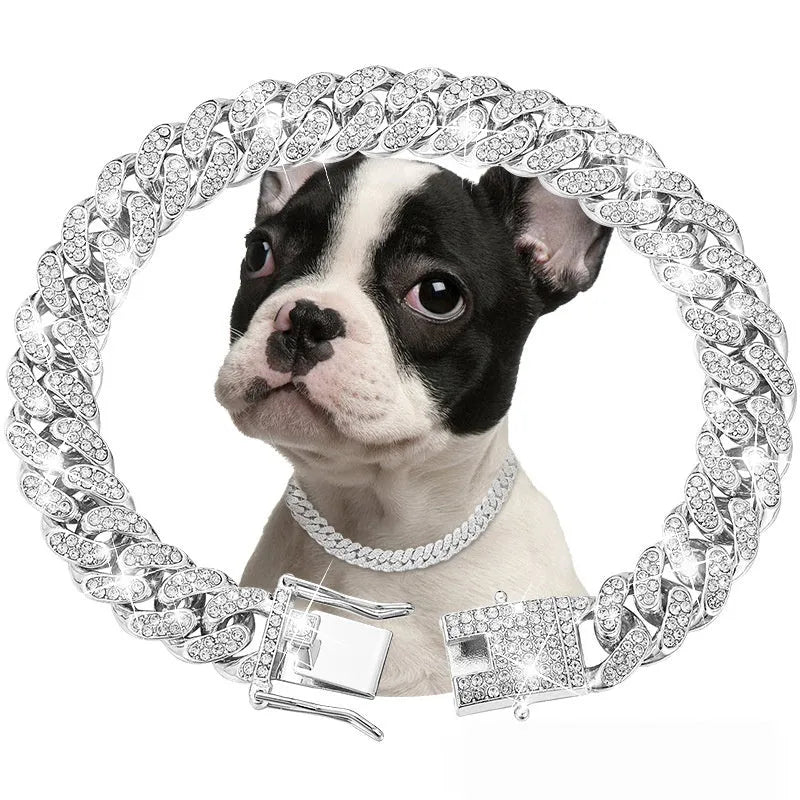 Pet diamond collar Cuban link chain necklace in gold with zinc alloy finish for dogs and cats