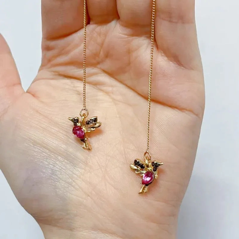 Long drop bird-themed earrings for women with mixed zirconium wings, in red, blue or red lvzuan finish.