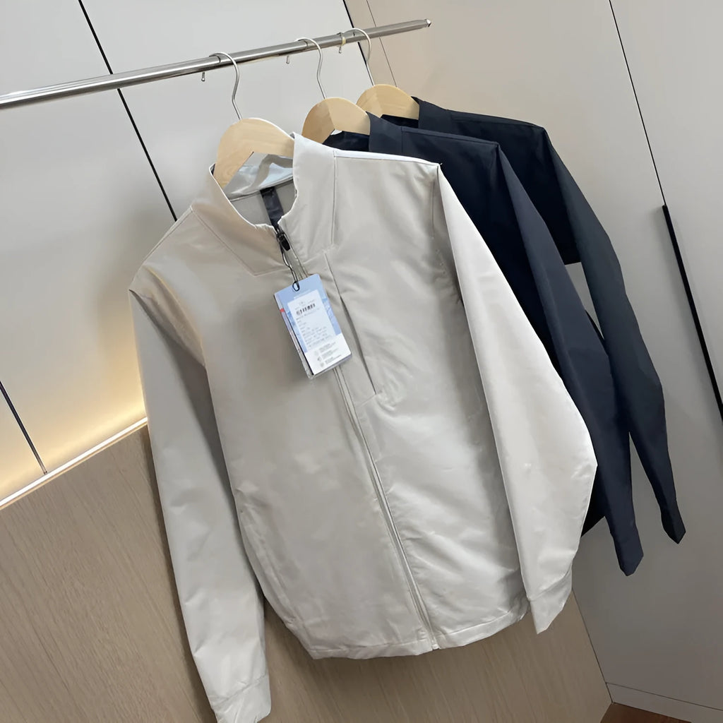 Men's black stand collar polyester sports casual jacket with long sleeves and straight hem